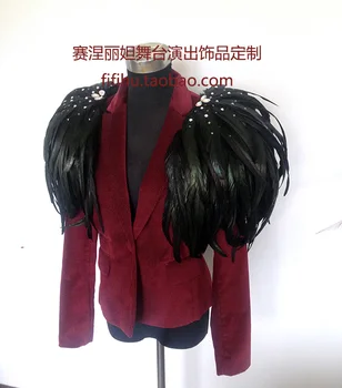 

Super red, black feather, brooch, shoulder band, stage performance bar, performance studio, men's and women's decorations.