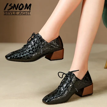 

ISNOM Wood Heels Thick Pumps Women Lace Up Emboss Cow Leather Pumps Mules Shoes Female Square Toe Shoes Ladies Autumn 2019 New