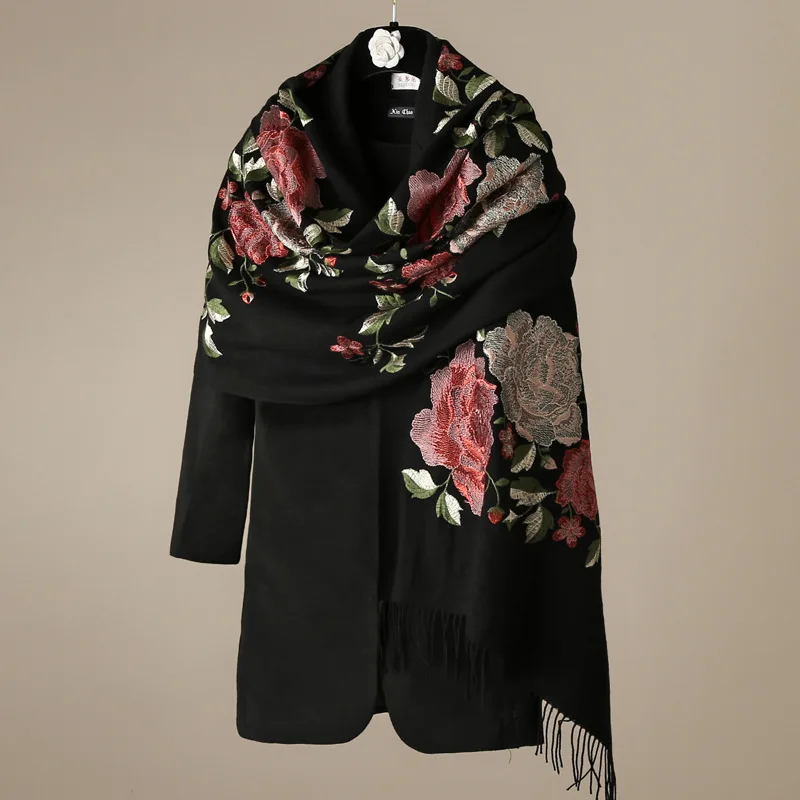 

100% Wool Scarf Boutique Embroidered Peony Luxury Women Autumn Winter Warm Coat Scarves Shawl 190*60cm