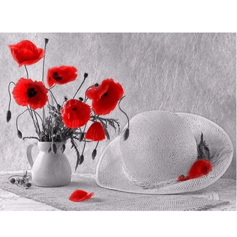 New-5D-DIY-Diamond-Painting-Poppy-Flower-Vase-White-Hat-Cross-Stitch-round-Diamonds-Embroidery-Mosaic LK1