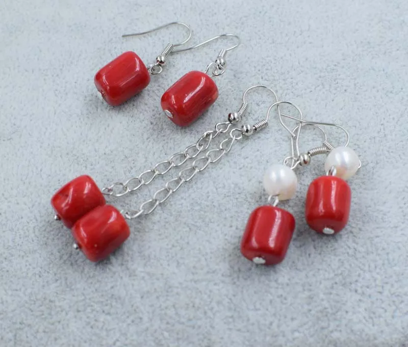 

one pair freshwater pearl white near round 4-5mm +red coral pillar hook earrings FPPJ wholesale beads nature