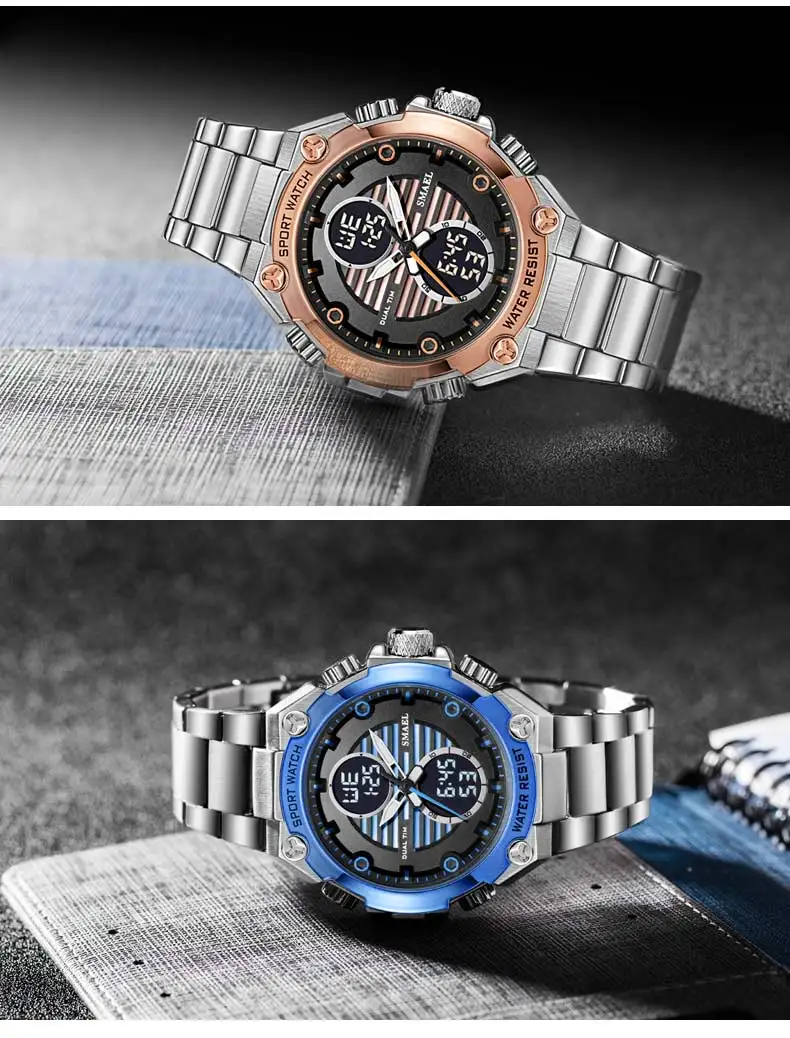 SMAEL аналого-цифровые часы Для мужчин светодио дный полный Сталь мужской часы Для мужчин военный наручные кварцевые модные спортивные часы