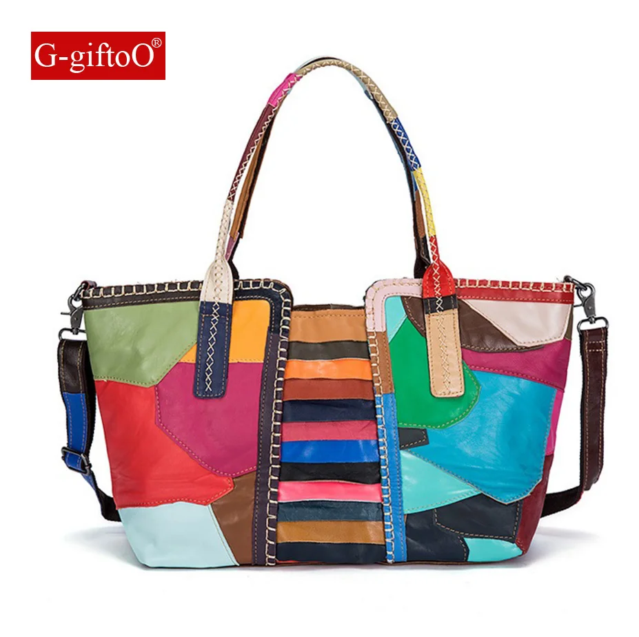 

Brand Genuine Leather Women Handbag Colorful Sheepskin Patchwork Women Casual Tote Bag Large Capacity Shoulder Bag