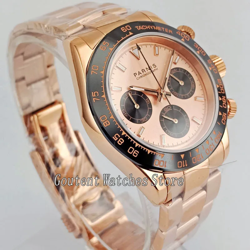 

39mm Parnis Stainless Steel Rose Gold Band Full Chronograph Quartz Watch 2693