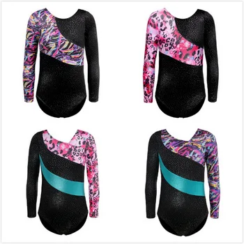 

2-10Y Girls Gymnastics Loetard Long Sleeve Ribbon Stripe Dance Leotard Sparkle Children Dancewear Costumes Leotards