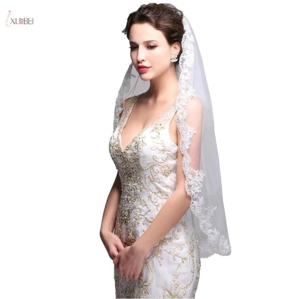 

One Layer Short Wedding Veil With Comb Lace Edge Elbow Length White Ivory Bridal Veil Cheap Wedding Accessories voile mariage