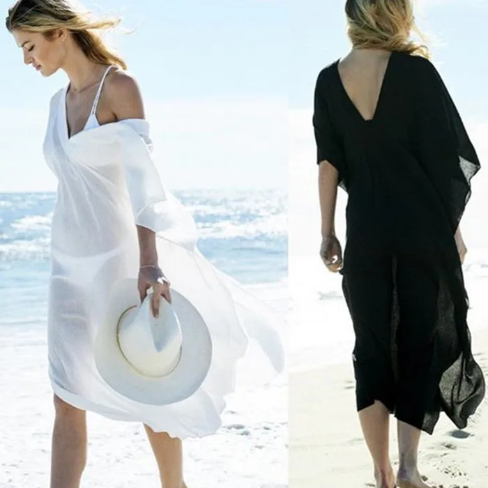 

New 2017! Sexy V-neck Chiffon Beach Cover Ups Women White Kaftan Beach Tunic Robe De Plage Bathing Suit Coverups Saida de Praia