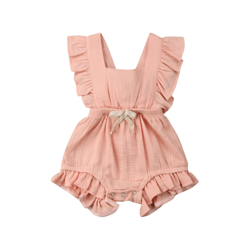 Новорожденный Детский комбинезон с оборками комбинезоны для малышей из льна одежда для маленьких девочек белый ползунки с оборками, летний пляжный костюм, наряд принцессы для девочек - Цвет: pink