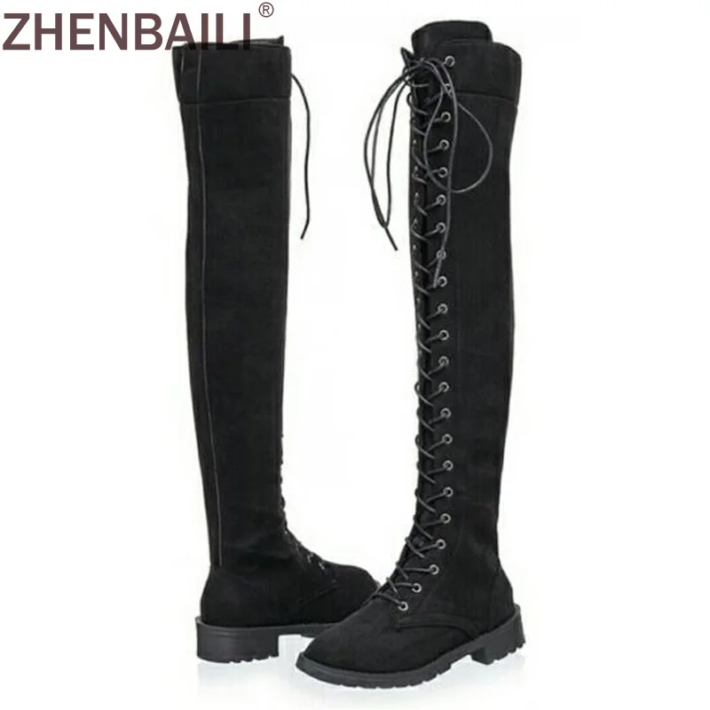 

ZHENBAILI Sexy Lace Up Over Knee Boots Women Boots Flats Shoes Square Heel Rubber Flock Boots Winter Thigh High Boots 35-42