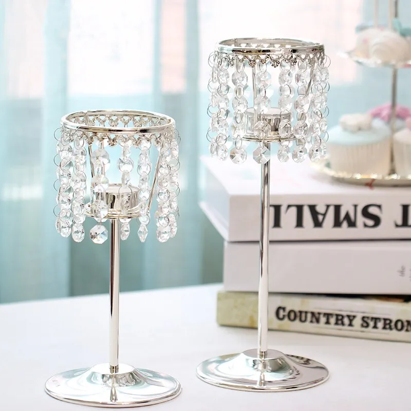 Top Quality 2PCS metal silver plated candle holder with crystals