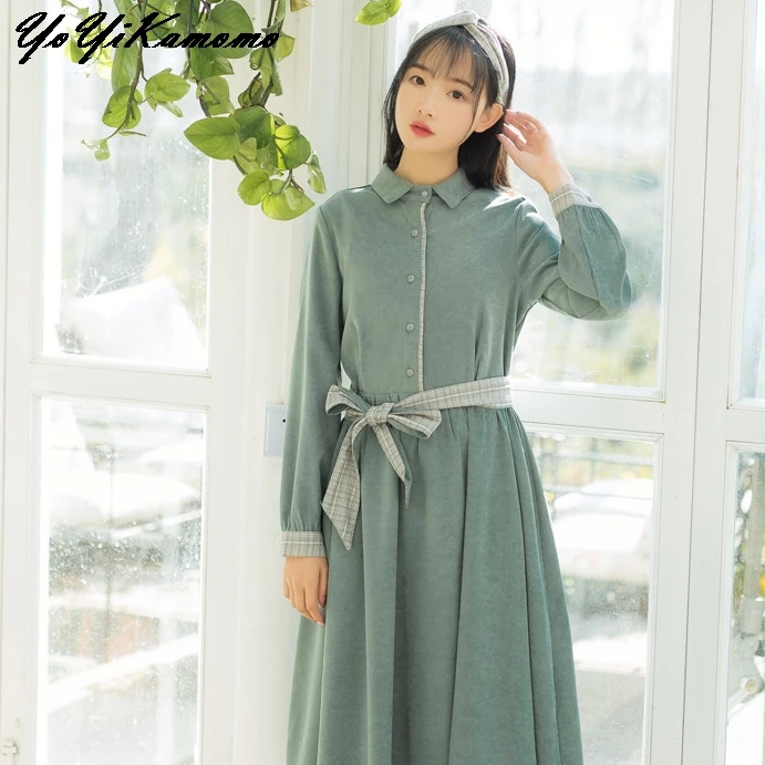 

Women Dress 2018 Women Autumn Vintage Mori Girl Dress Solid Color Long Sleeve Loose Casual Women Robe YoYiKamomo