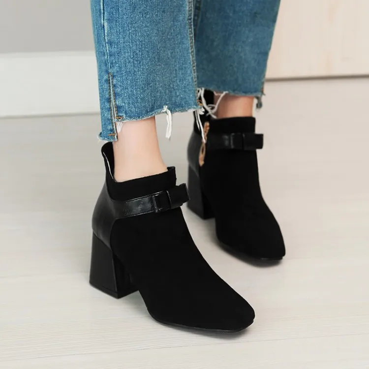 

Big Size 11 12 13 14 15 16 17 Suede-faced square-headed butterfly-knotted boots, side zipper boots, short canister fashion boots