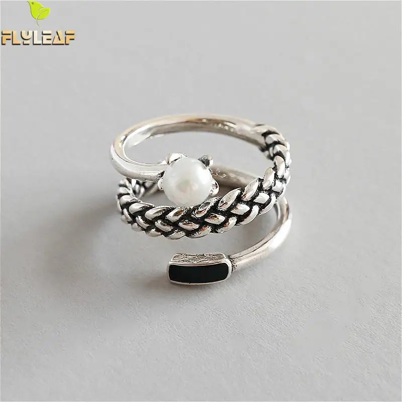 

Flyleaf 925 Sterling Silver Rings For Women Multi-layer Woven Black Epoxy Pearl Femme Fashion Fine Jewelry Open Ring Vintage