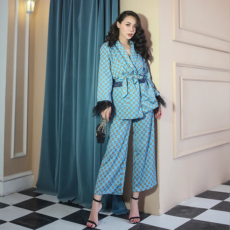 Femmes Manteau Cheveux Floral Ceinture Bleu Blue Type Vintage Autruche Outwear Lâche Manches Rayonne 2018 Élégant Top Foral Imprimé Automne Pyjama xCqCYBX