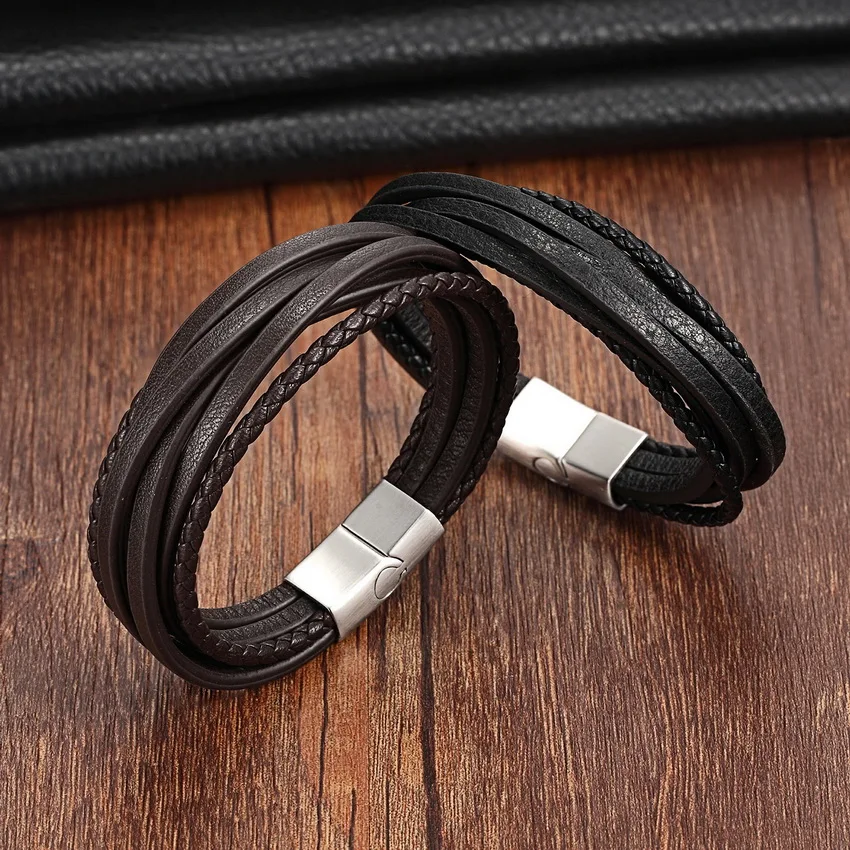 XQNI 2019 Fashion Stainless Steel Chain Genuine Leather Bracelet Men Vintage Male Braid Jewelry for women