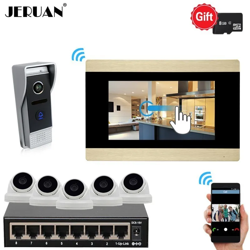 

JERUAN 720P AHD HD IP WIFI 7 Inch Touch Screen Video DoorPhone Intercom System Kit Record Monitor With 5 Pcs 2.0MP IP Cameras