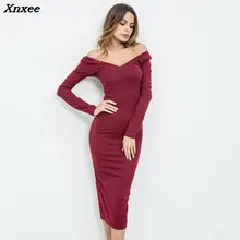 Fashion Women Off Shoulder Ribbed Dress Elegant Slash Neck Sheath Bodycon Dress Solid Sexy Long Sleeve Midi Dresses Xnxee blue sexy off shoulder over layer ribbed midi dress