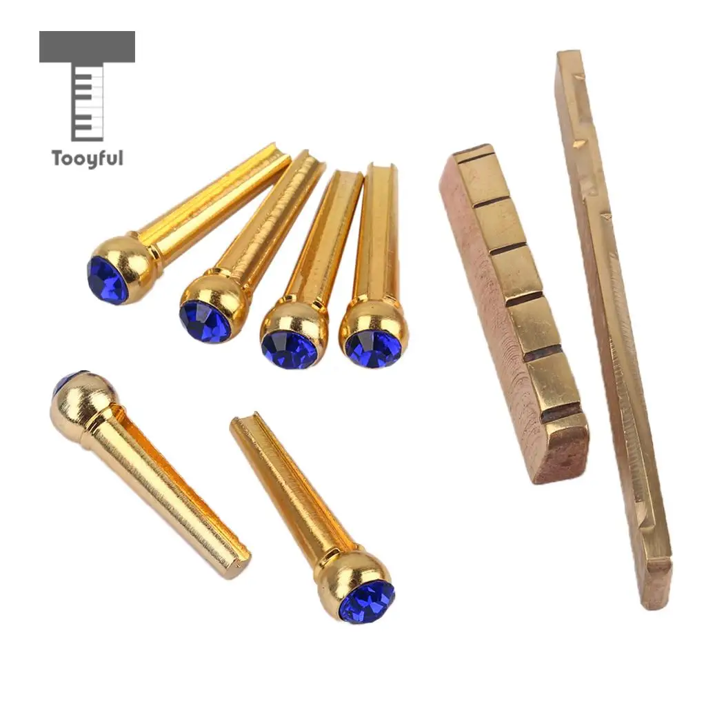 Tooyful Brass Slotted Saddle Nut with Blue Opal Bridge Pins Set for Acoustic Folk Guitar Replacement Parts