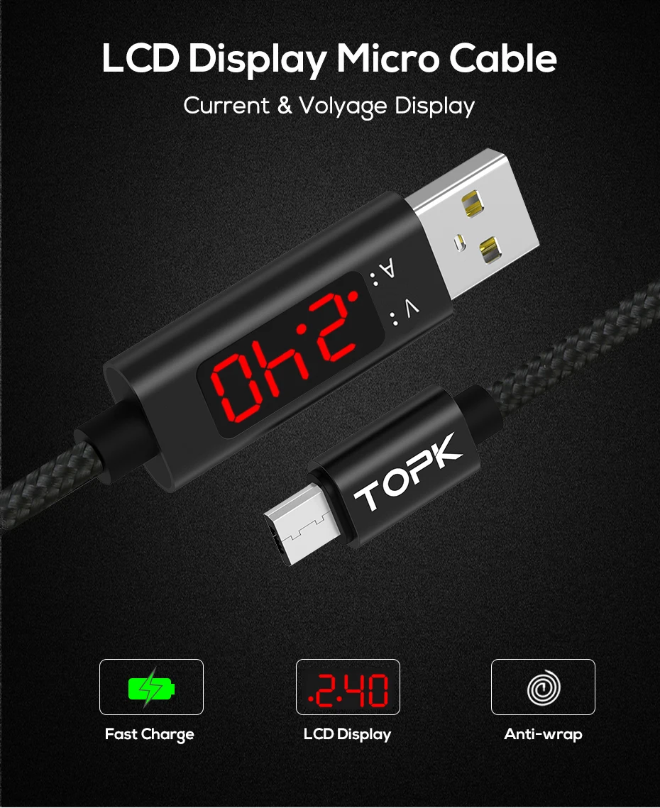 TOPK 1 м Micro USB кабель для зарядки данных светодиодный цифровой дисплей напряжения и тока нейлоновый Плетеный USB кабель зарядное устройство для samsung Xiaomi