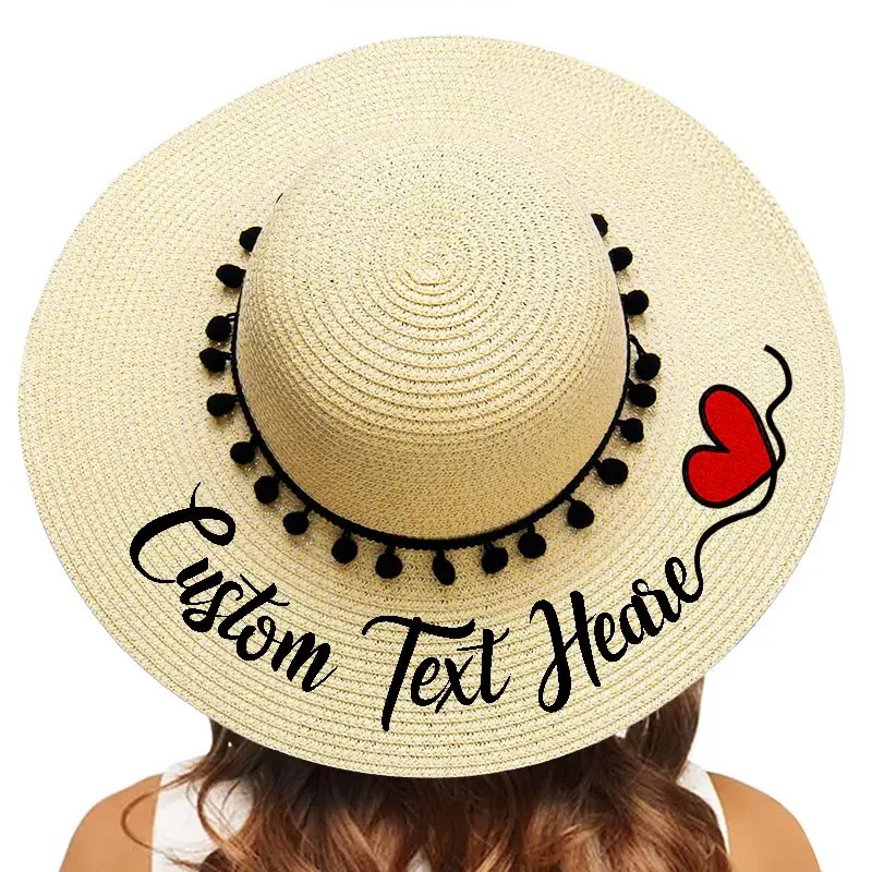 

Embroidery Personalized Custom Your Name Text Logo Text Women Sun Hat Large Brim Straw Hat Outdoor Beach hat Black Pompon Caps