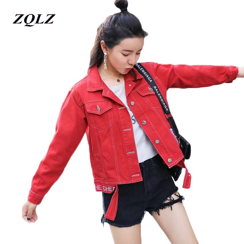 Zqlz Red Green Candy-colored Casual Button Denim Jacket Without Skirt 2018 Autumn Women Basic Jacket Long Sleeve Streetwear Girl