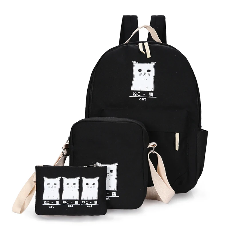 

Casual Cat Printing Canvas Backpack 3 PCs/set Women School Backpacks Schoolbag For Teenagers Man Student Book Bag Boys Satchel