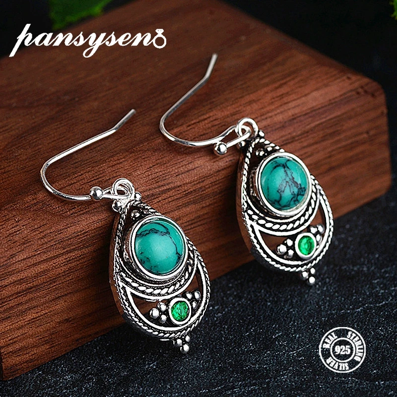 

PANSYSEN Vintage Turquoise Drop Earrings Genunie 925 silver Jewelry Earrings For Women Anniversary Gift Wholesale Fine Jewelry