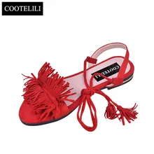 COOTELILI Shoes Woman Fashion Tassel Straps Flat Sandals For Women Flip-flops Women Summer Beach Shoes Black Green Red 35-40