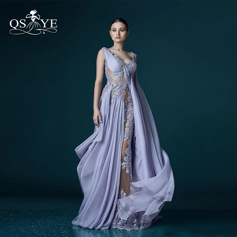 

QSYYE 2019 Lavender Long Prom Dresses Sexy Backless Lace Appliques Chiffon with Cape Women Formal Evening Dress Party Gown