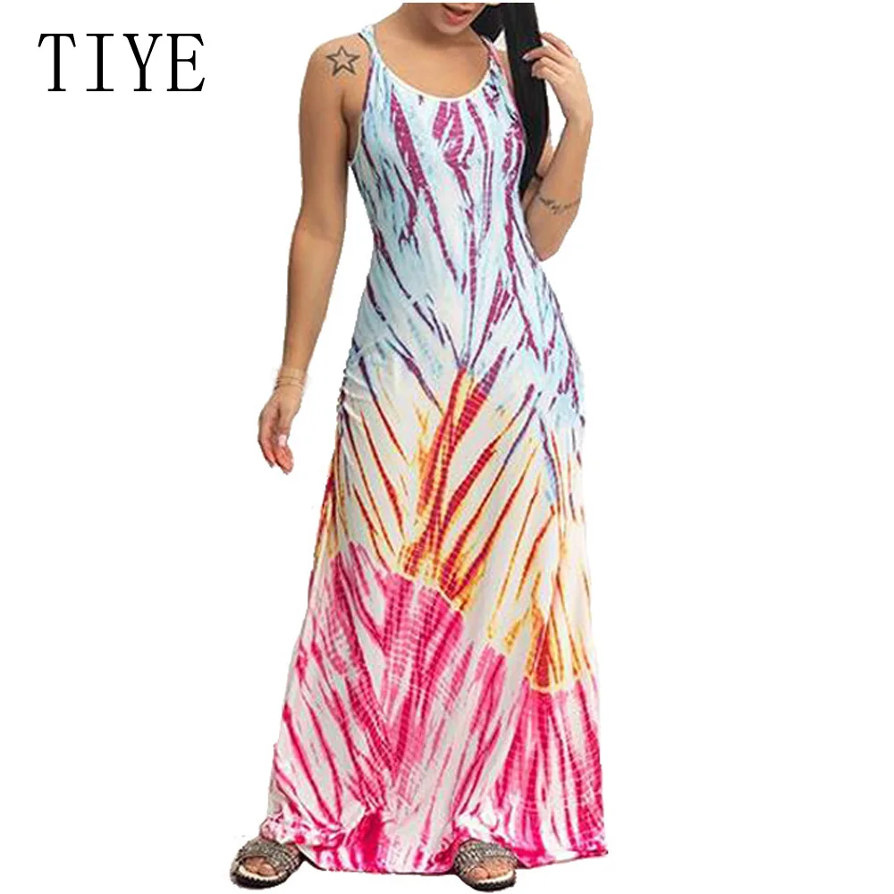 

TIYE Spaghetti Strap Backless Sexy Long Dress Party Summer Maxi Dress Casual Bohemian Beach Loose Print Dresses Robe Vestidos