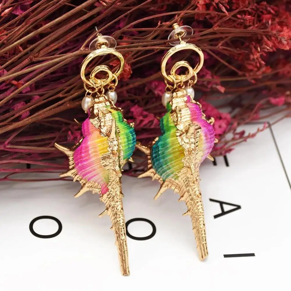 

Bohemian Pop Dangle Earrings for Women Natural Conch Multicolor Shell Big Drop Earrings Summer Beach Jewelry Accessories Gifts
