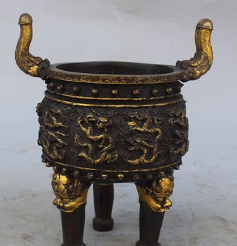 

9"Chinese Bronze Gilt 9 Dragon Dragon Lion Incense Burner Censer Bowl Pot Statue