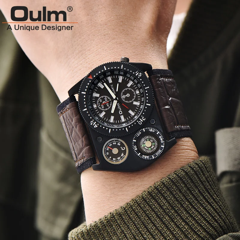 Oulm الرجال المعصم الساعات تصميم فريد جلدية واسعة حزام الذكور ساعة كوارتز ميزان الحرارة البوصلة الديكور الرجل ووتش جديد Oulm الرجال المعصم الساعات تصميم فريد جلدية واسعة حزام الذكور ساعة كوارتز ميزان الحرارة البوصلة الديكور الرجل ووتش جديد