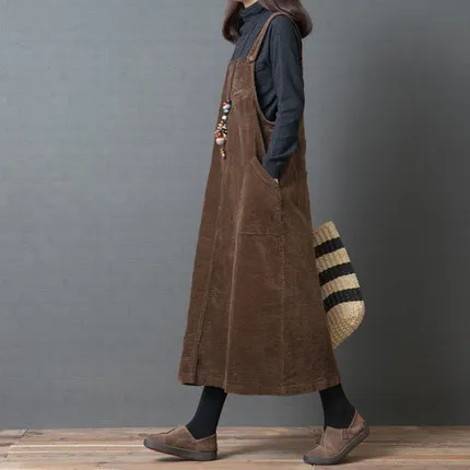 

Corduroy Straps Dresses Women 2019 Spring Summer Pockets Casual Solid Color Calf-Length Loose Female Dress Tide Wild