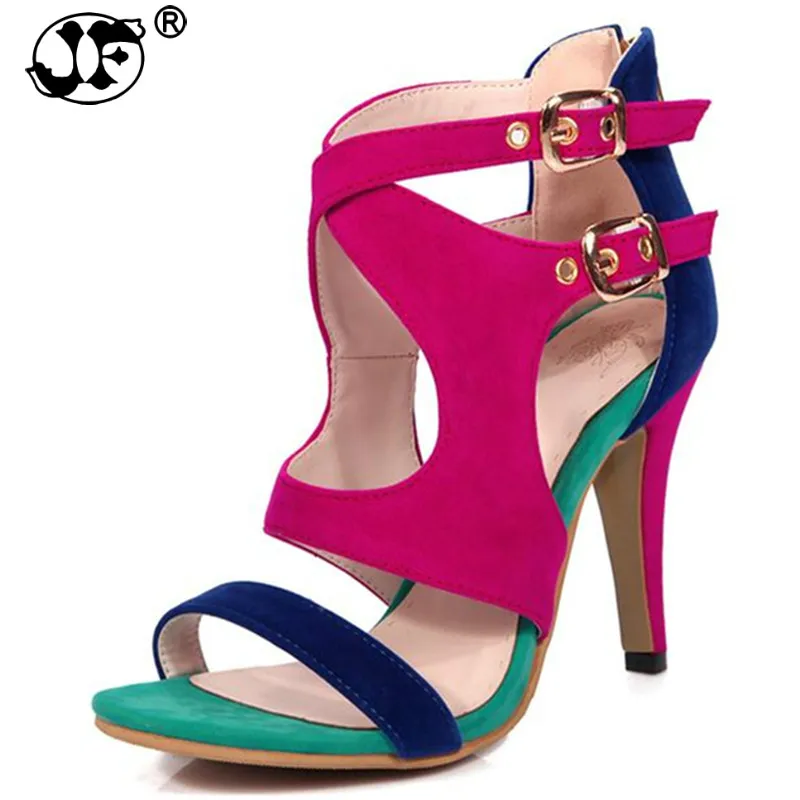 

Mixed colors shoes women sandals peep toe Faux Suede summer shoes high heels high quality party wedding shoes woman