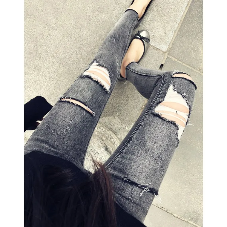 Fashion High Waist Smoke Gray Hole Jeans Women Elastic Skinny Jeans Denim Pants Pencil Pants Plus Size Pencil Trousers