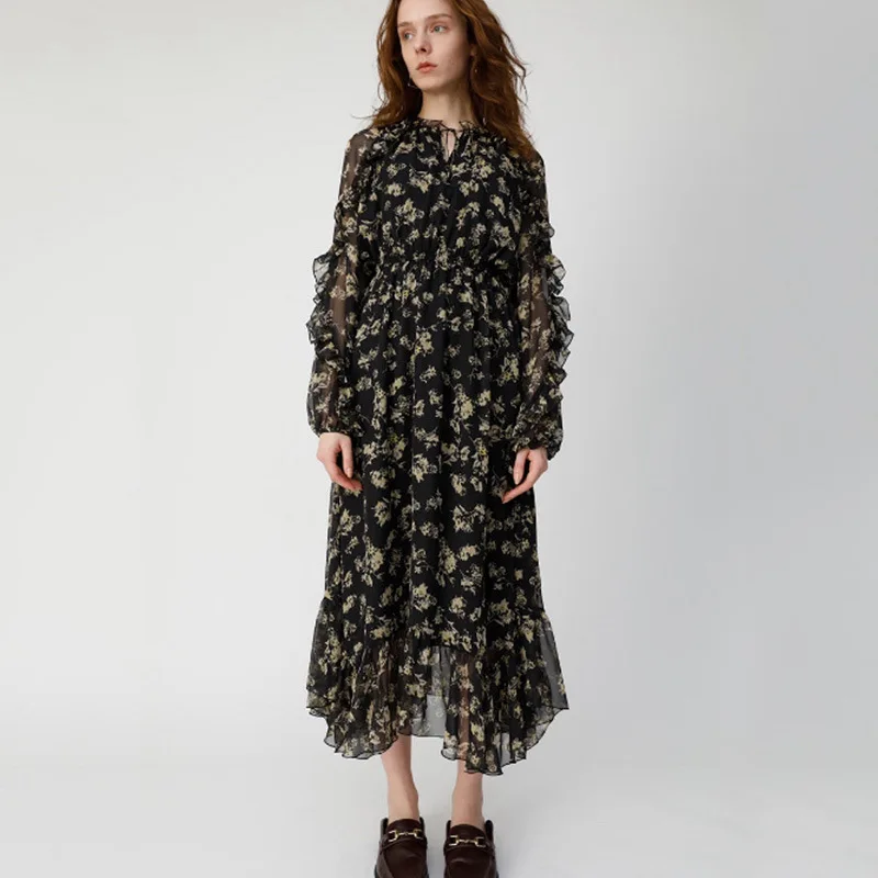 

Spring Summer Vintage Runway Designer Dress Women 2019 Elegant Ruffle Long Sleeve Black Floral Printed Chiffon Long Dress