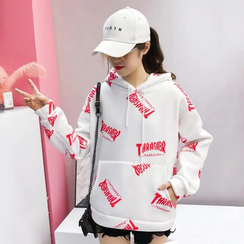 

Soft Touching Sweet Loose Letters Print Coat Casual Fashion Drawstring Hoodies College Style Street Women Pullovers Tops