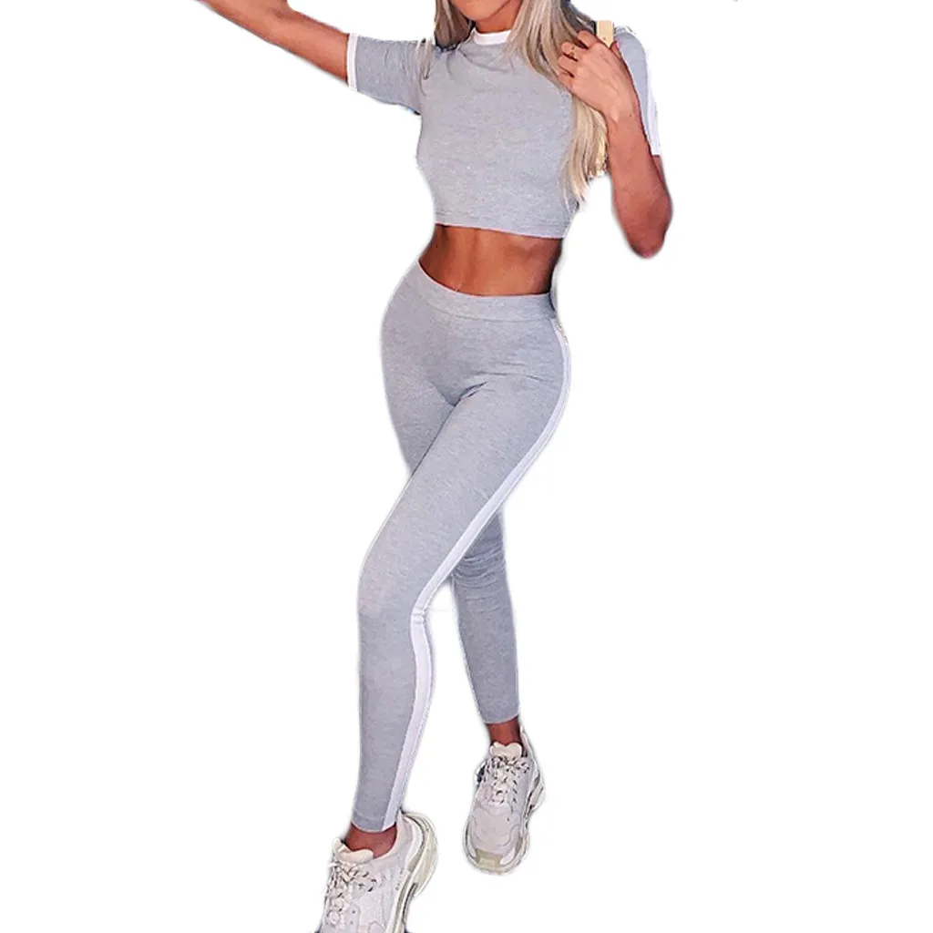 

Women's Plain-color Stitching Yoga Suit Short-sleeved Running Trousers Suit sports jumpsuit costume for yoga female sportswear