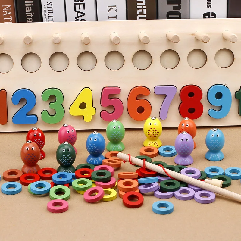 Деревянные материалы Монтессори, игрушки, обучающие цифры, цифровые формы, подходящие для раннего образования, обучающие средства, рыболовная игра, математические игрушки