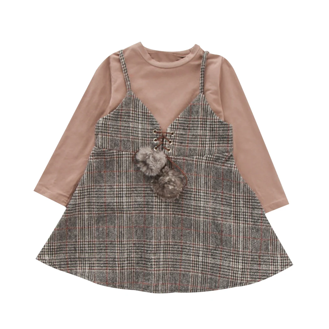 Beli 2 pcs Gadis Pakaian Musim Gugur 2018 Anak Gaun Set Bulu Bola Anak anak Gaun Panjang Lengan T shirt + Kotak kotak Dress Pakaian