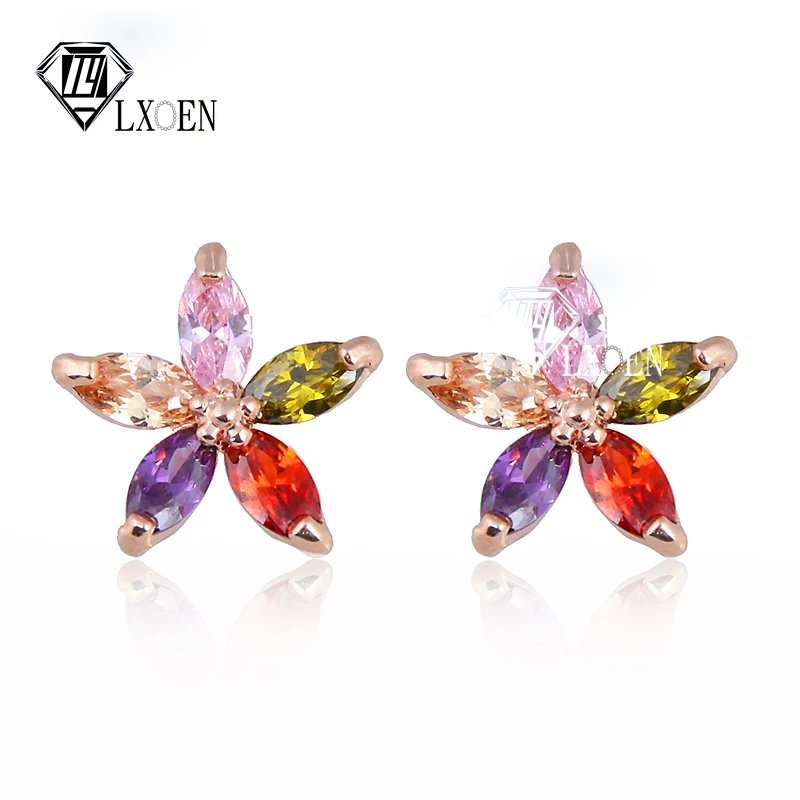 

LXOEN Fashion Multicolor Crystal Flower Small Stud Earrings For Women with AAA CZ Silver Yellow Color Studs Earings Gift bijoux