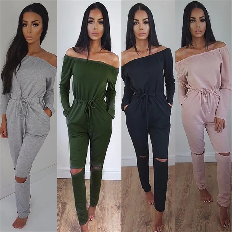

Autumn Sexy Off Shoulder Jumpsuits Casual Slash Neck Long Sleeve Elegant 2019 Women Romper Bodysuit Solid Overalls Hole jumpsuit