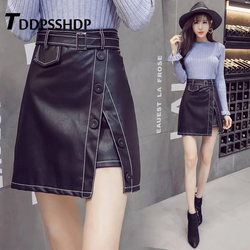 

Spring Irregular Slit Women Pu Leather Skirt 2019 New Design Waist Belt Button Decor Female Skirts
