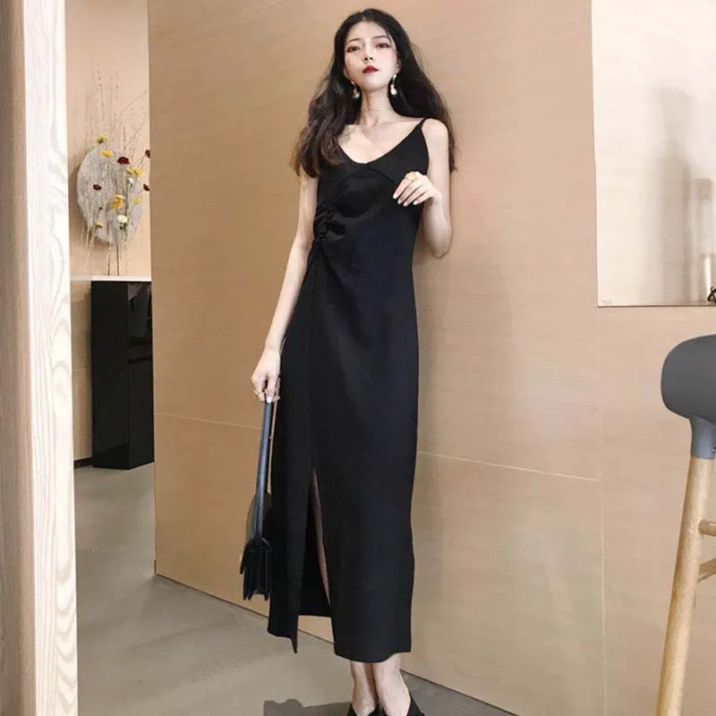 

summer female black sleeveless dresses long 2019 Bohemian style V-neck tank dresses mid-calf length empire straight dress