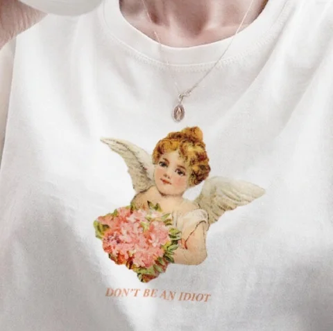 

fashionshow-JF Dont Be An Idiot Tee Shirt Cute Angel Letter Printed Tees Women Fashion Cotton Short Sleeve Tees