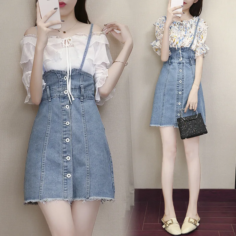 

High Quality 2 Piece Set Women 2019 Summer Denim Strap Dress And Floral Chiffon Off Shoulder Crop Top Women Two Piece Outfits