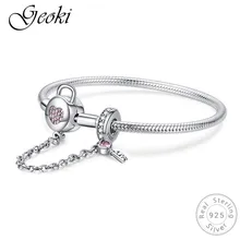 Geoki 925 стерлингового серебра микро Розовый CZ ключ и замок браслет fit Pandora Подвески оригинальные шарики на страховочной цепочке браслет, женская бижутерия