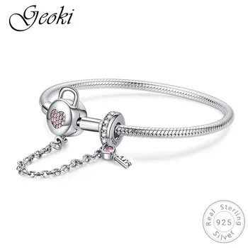 

Geoki 925 Sterling Silver Micro Pink CZ Key&Lock Bangle fit Pandora Charms Original Safety Chain Beads Bracelet Women Jewelry