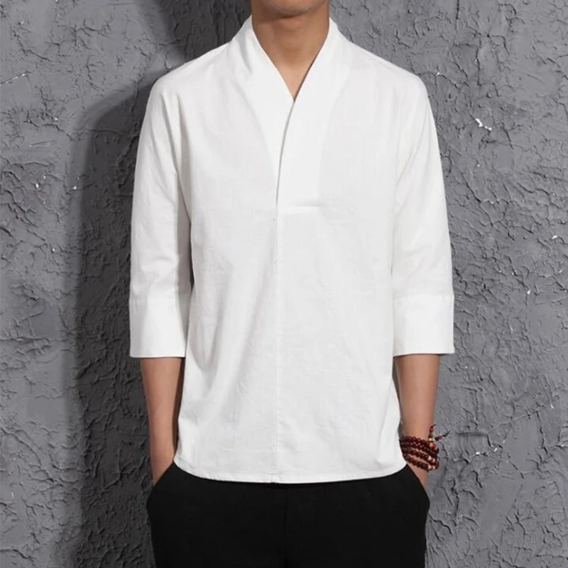 

Summer Kimono Cotton Linen T shirt Men Chinese Style Retro V-neck Linen T-shirt Thin Vintage Tee Shirt Japanese Style Shirt Male
